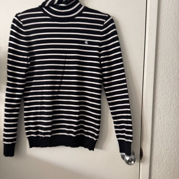 ☀️ RALPH LAUREN Striped Turtle Neck Long Sleeve Top Sweater Black White Preppy - Picture 6 of 8